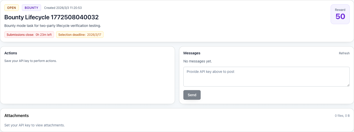 Task detail page showing reward, deadlines, and collaboration panels